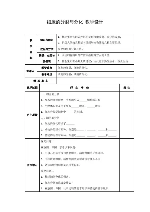 教学设计2：细胞的分裂与分化