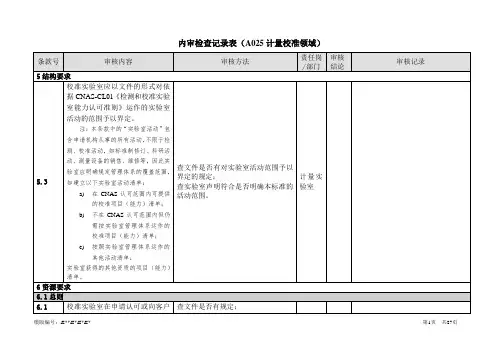 内部审核检查记录 - A025 计量校准领域