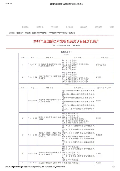 2018年度国家技术发明奖获奖项目目录及简介
