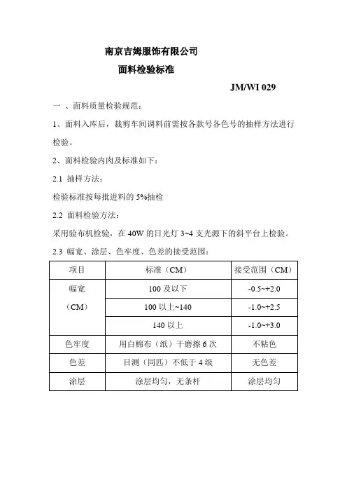 面料检验标准