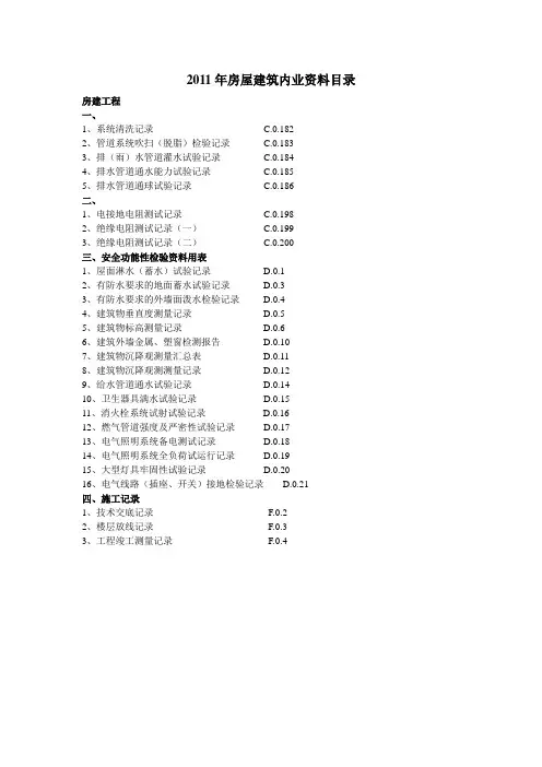 福建省2011年房屋建筑工程施工内业资料目录