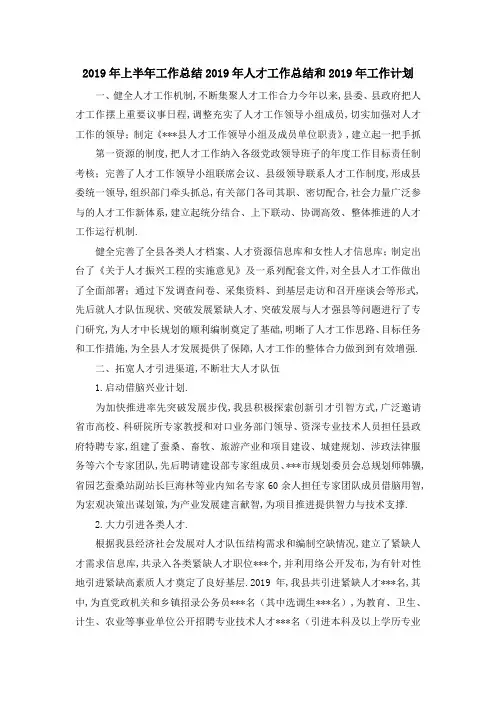 2019年上半年工作总结 2019年人才工作总结和2019年工作计划 精品