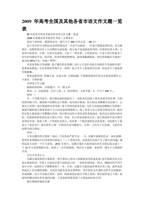 2009年高考全国及其他各省市语文作文题一览表