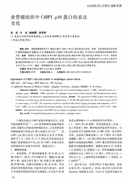 食管癌组织中CtBP1、p16蛋白的表达变化