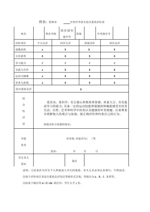 综合素质评价表样板