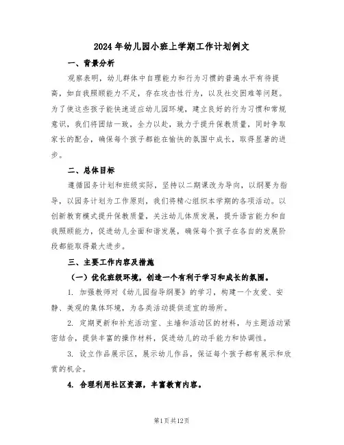 2024年幼儿园小班上学期工作计划例文（五篇）