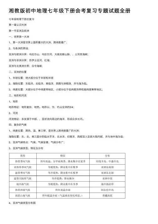 湘教版初中地理七年级下册会考复习专题试题全册