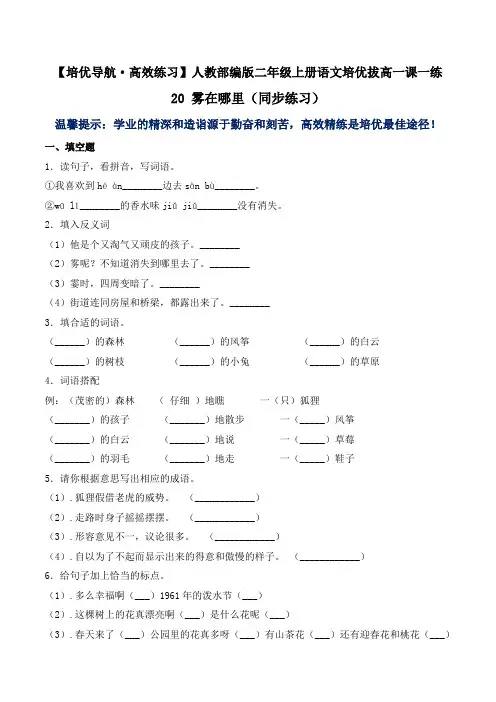 有答案-人教部编版二年级语文上册20雾在哪里人教部编版