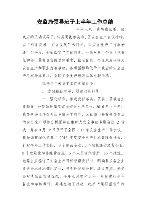 安监局领导班子上半年工作总结