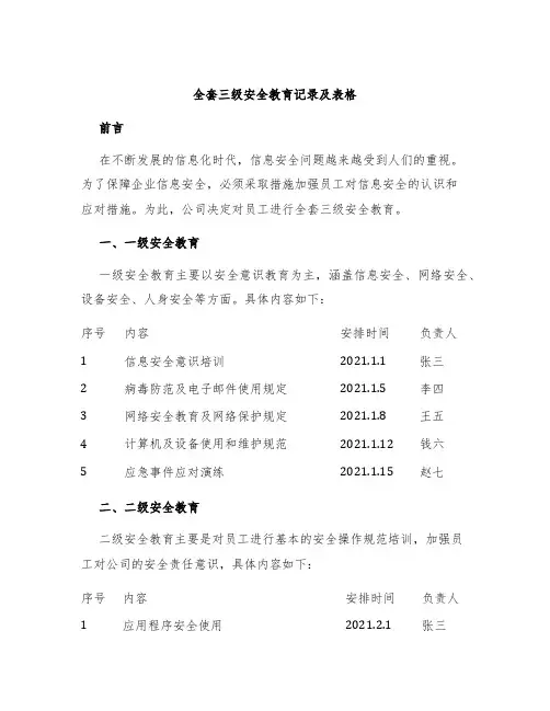 全套三级安全教育记录及表格