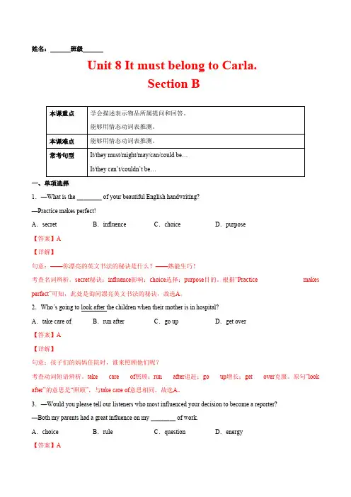 人教版英语九年级全一册Unit8ItmustbelongtoCaral.SectionB含答案