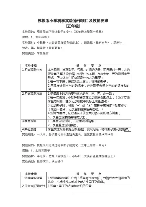 苏教版小学科学实验操作项目及技能要点五年级