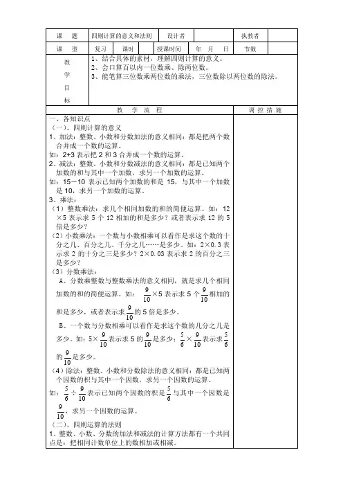 六下《四则计算的意义和法则》教学设计