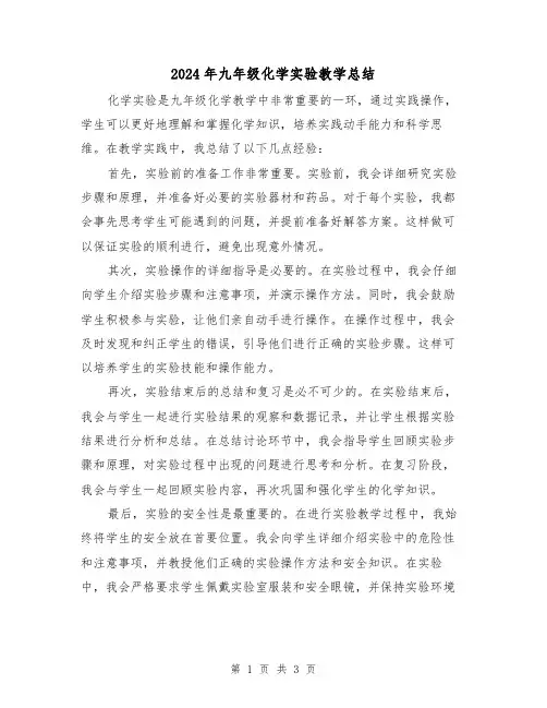 2024年九年级化学实验教学总结（二篇）