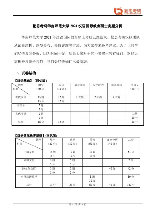 勤思考研2021年华南师范大学汉语国际教育硕士考研真题分析
