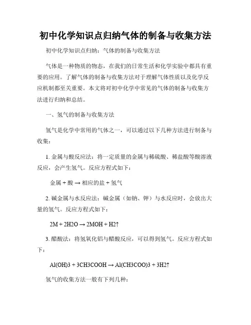 初中化学知识点归纳气体的制备与收集方法