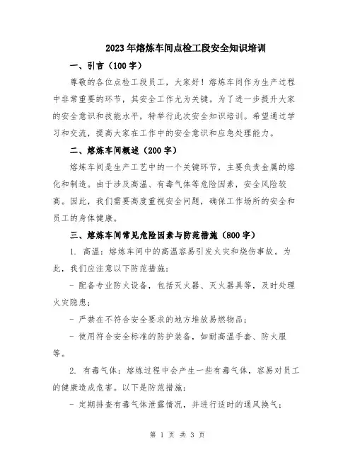 2023年熔炼车间点检工段安全知识培训