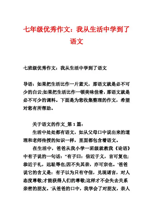 七年级优秀作文：我从生活中学到了语文1