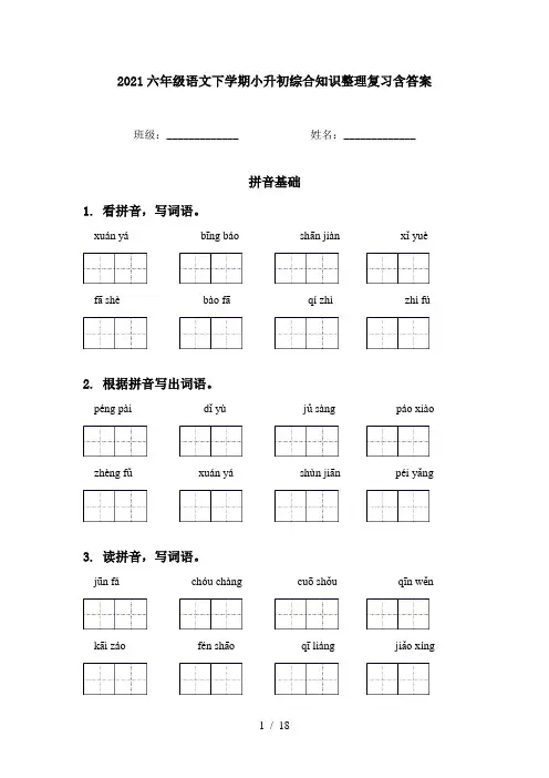 2021六年级语文下学期小升初综合知识整理复习含答案