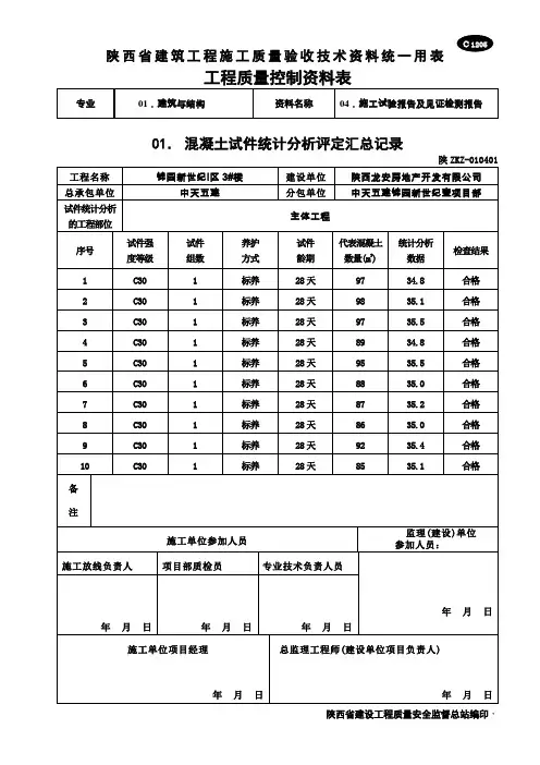 陕西省建筑工程施工质量验收技术资料统一用表工程质量控制资料表