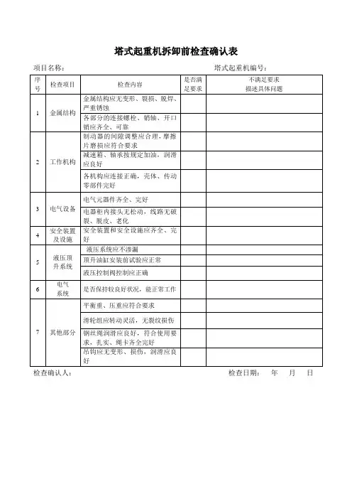 塔式起重机拆卸前检查记录表