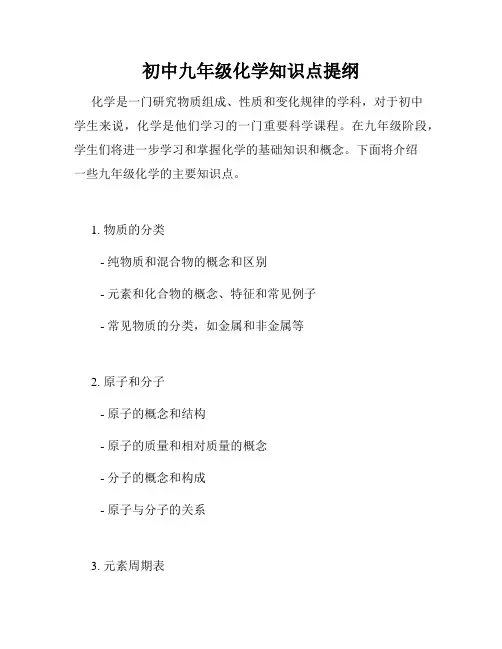 初中九年级化学知识点提纲
