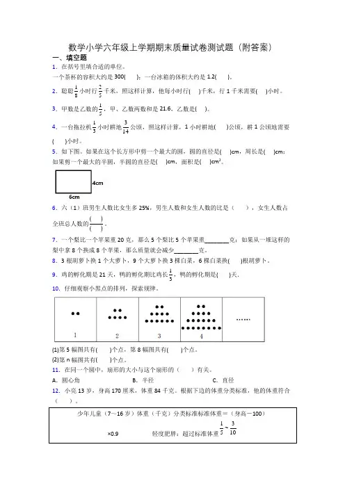 数学小学六年级上学期期末质量试卷测试题(附答案)