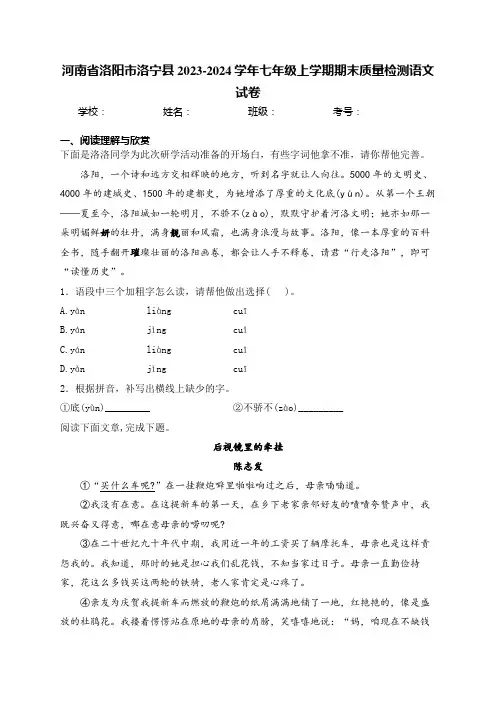 河南省洛阳市洛宁县2023-2024学年七年级上学期期末质量检测语文试卷(含答案)