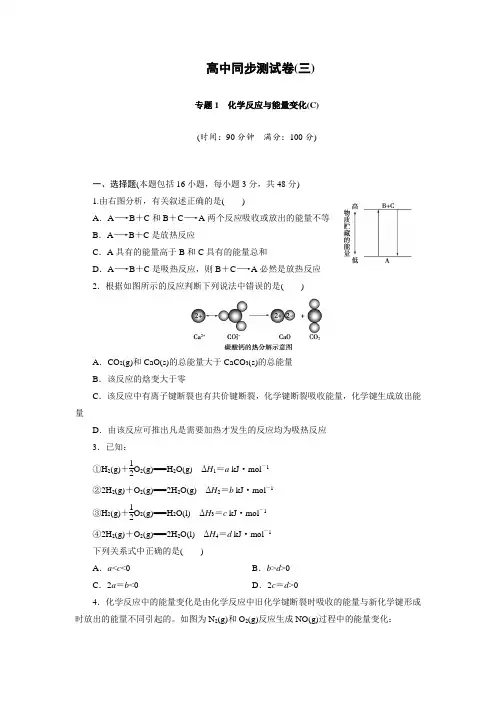 优化方案·高中同步测试卷·苏教化学选修4：高中同步测试卷(三) Word版含答案