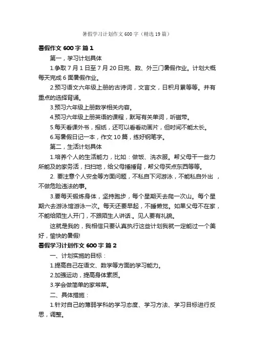 暑假学习计划作文600字（精选19篇）