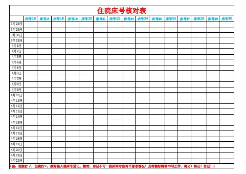住院床号登记核对表