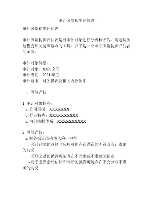 审计风险初步评估表