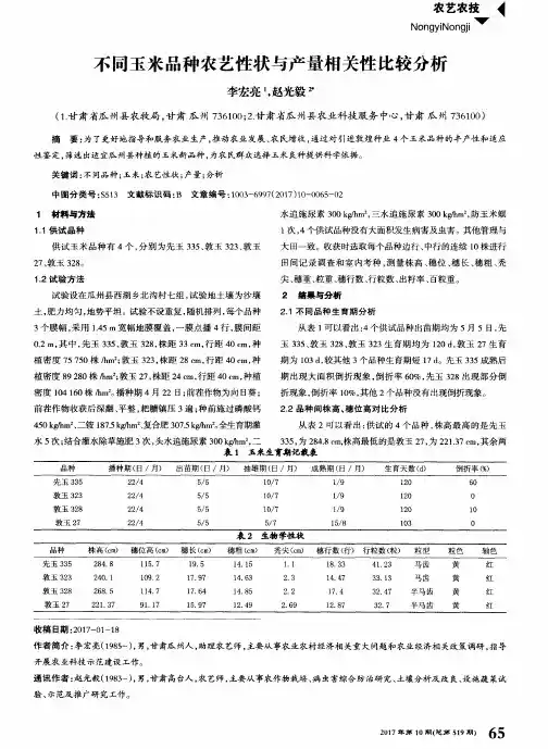 不同玉米品种农艺性状与产量相关性比较分析