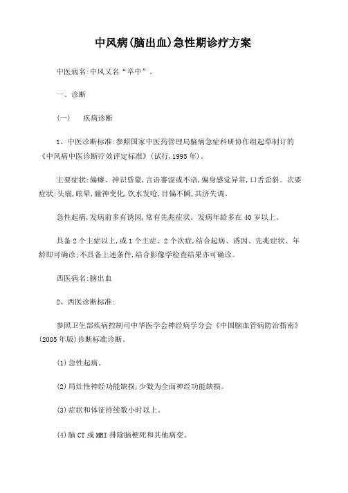 中风病(脑出血)急性期诊疗方案