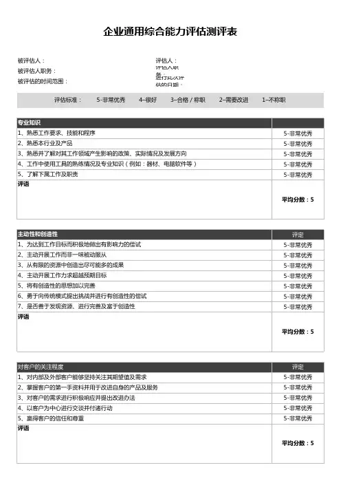 企业通用综合能力评估测评表