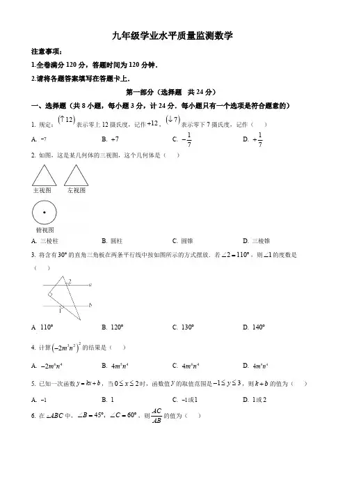 精品解析：2024年陕西省部分学校中考二模数学试题(原卷版)