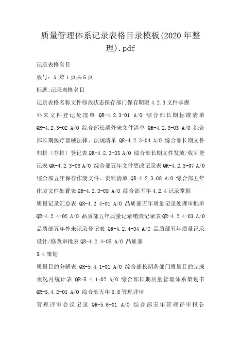质量管理体系记录表格目录模板.pdf