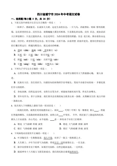 四川省遂宁市2024年中考语文试卷(附答案解析)