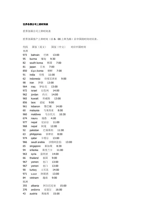 世界各国公司上班时间表(全)