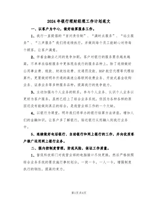 2024年银行理财经理工作计划范文(二篇)