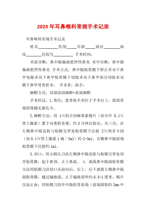 2023年耳鼻喉科常规手术记录
