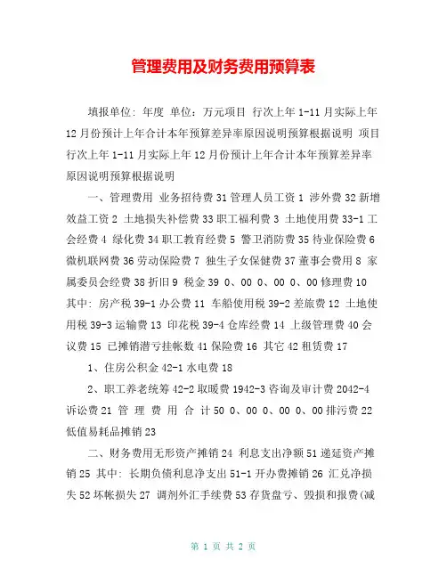 管理费用及财务费用预算表