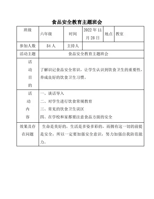 食品安全教育主题班会记录表
