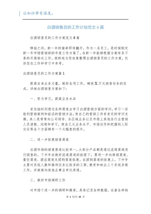 白酒销售员的工作计划范文6篇