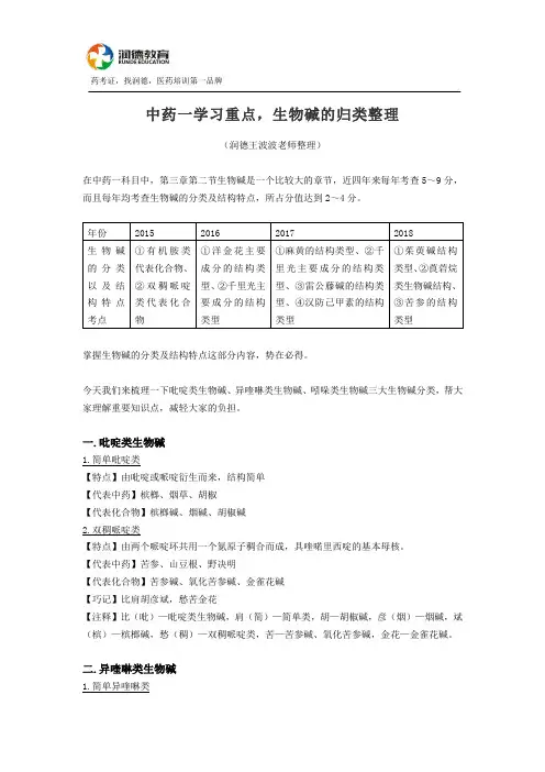 中药一学习重点,生物碱的归类整理