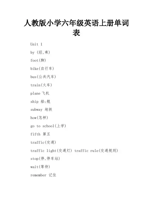 人教版小学六年级英语上册单词表