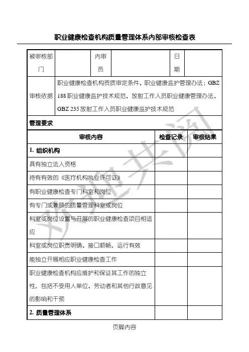 职业健康检查机构质量管理体系内部审核检查表格模板