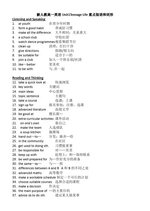 必修一unit1Teenage Life重点短语和词形梳理