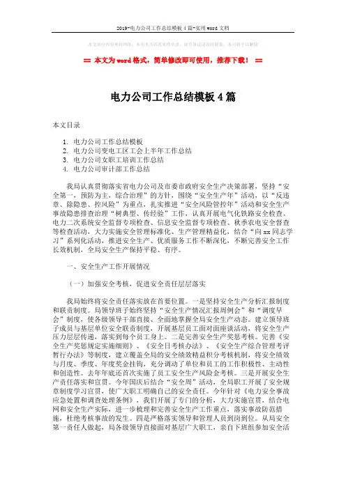 2019-电力公司工作总结模板4篇-实用word文档 (9页)