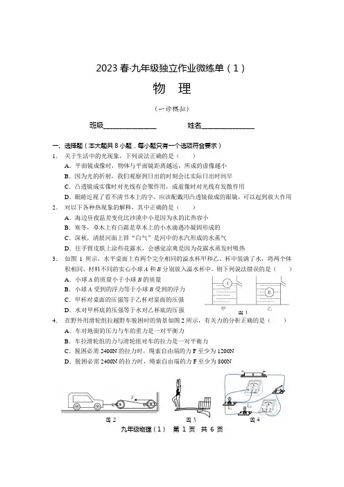 教科版九年级物理中考模拟试卷三套